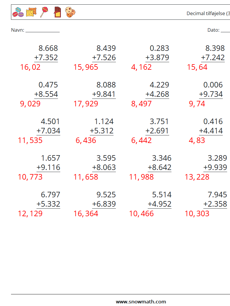 (25) Decimal tilføjelse (3 cifre) Matematiske regneark 4 Spørgsmål, svar