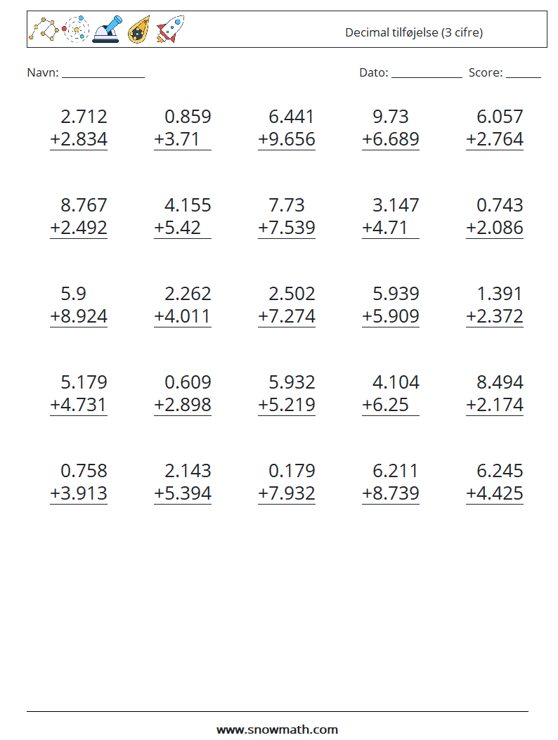 (25) Decimal tilføjelse (3 cifre) Matematiske regneark 5