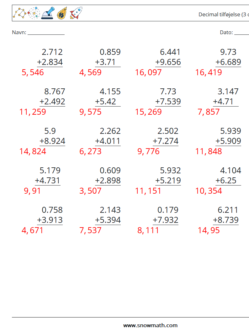 (25) Decimal tilføjelse (3 cifre) Matematiske regneark 5 Spørgsmål, svar