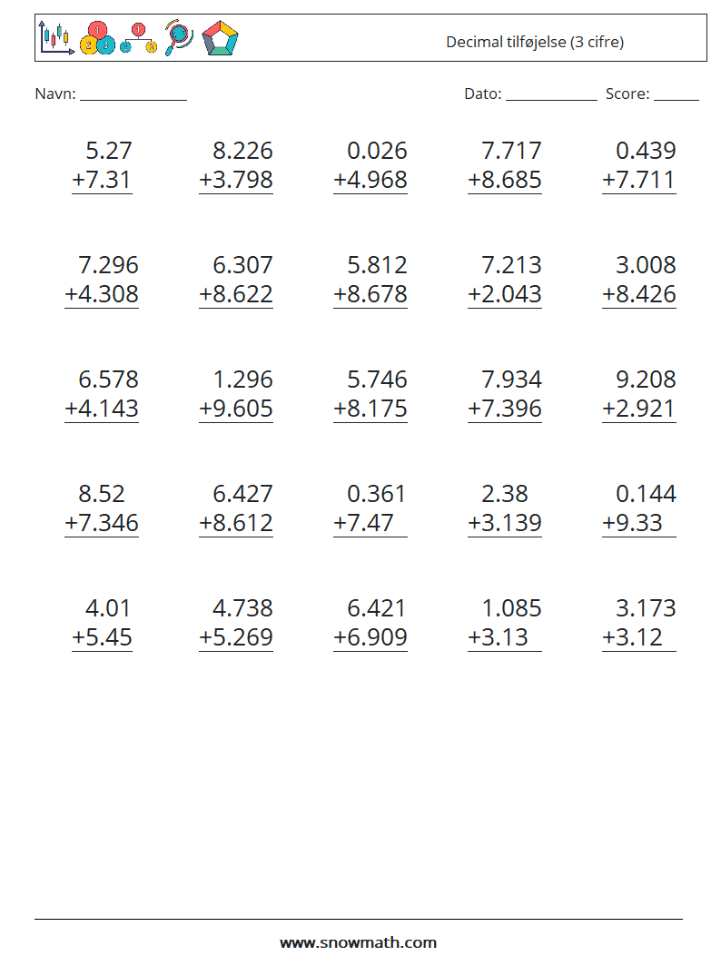 (25) Decimal tilføjelse (3 cifre) Matematiske regneark 6