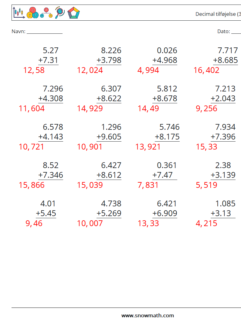 (25) Decimal tilføjelse (3 cifre) Matematiske regneark 6 Spørgsmål, svar