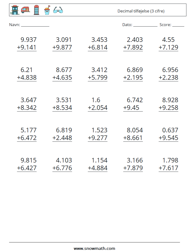 (25) Decimal tilføjelse (3 cifre) Matematiske regneark 7