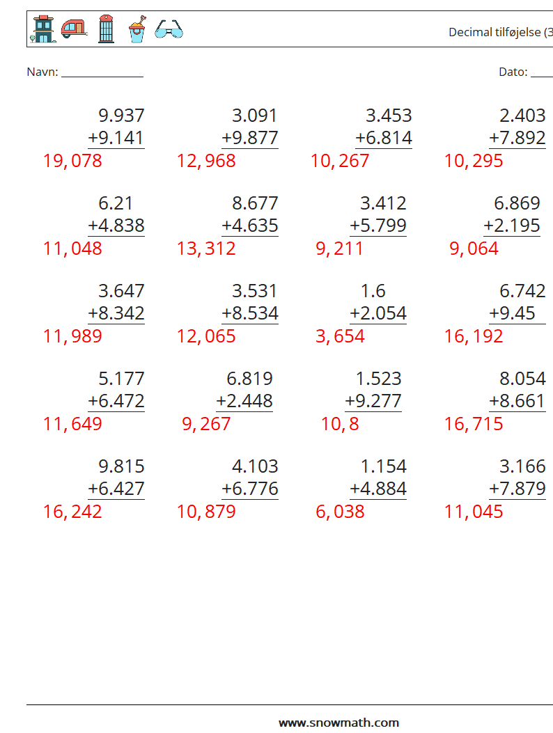 (25) Decimal tilføjelse (3 cifre) Matematiske regneark 7 Spørgsmål, svar