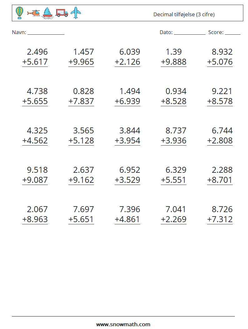 (25) Decimal tilføjelse (3 cifre) Matematiske regneark 8