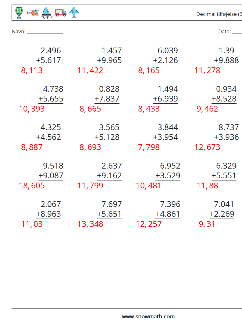 (25) Decimal tilføjelse (3 cifre) Matematiske regneark 8 Spørgsmål, svar