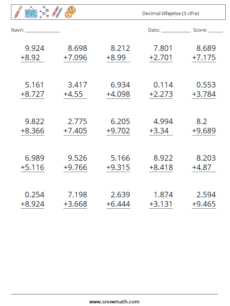 (25) Decimal tilføjelse (3 cifre) Matematiske regneark 9