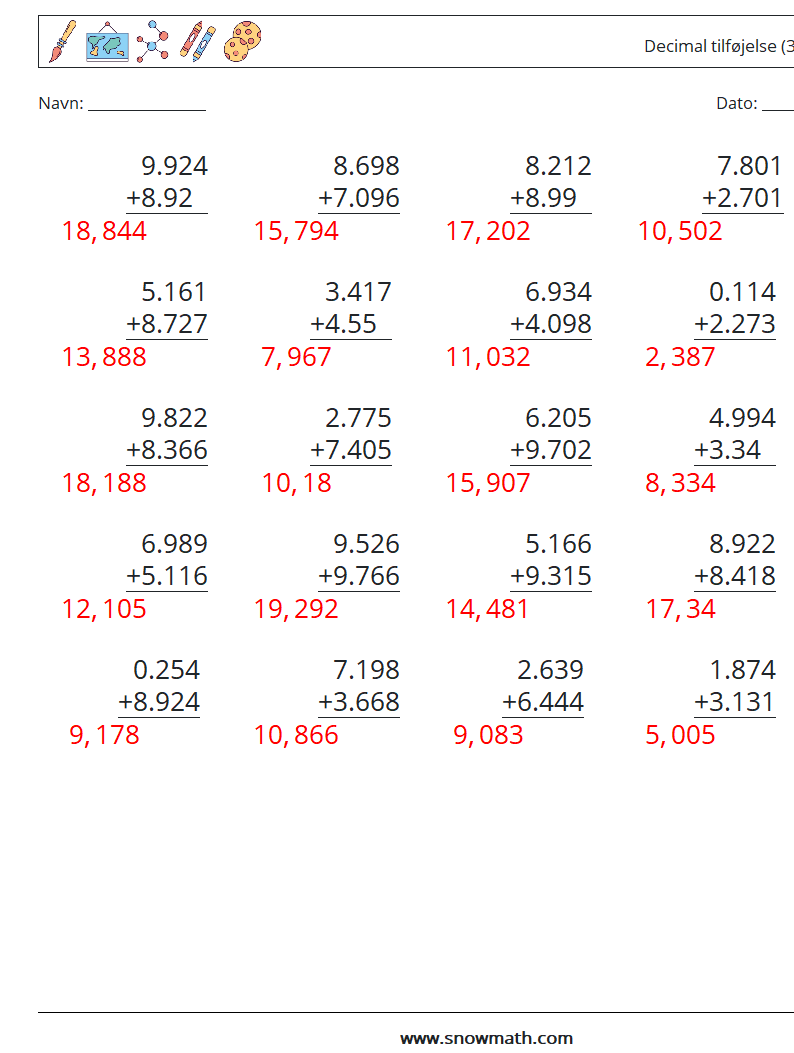 (25) Decimal tilføjelse (3 cifre) Matematiske regneark 9 Spørgsmål, svar