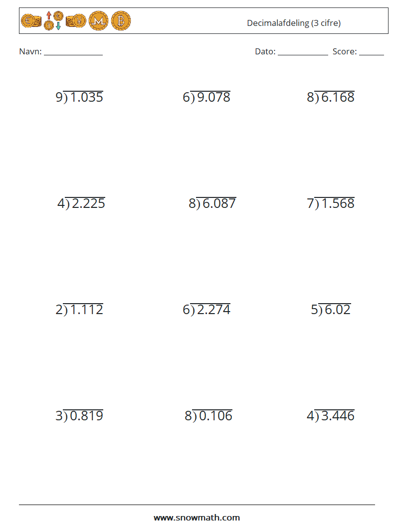 (12) Decimalafdeling (3 cifre) Matematiske regneark 10