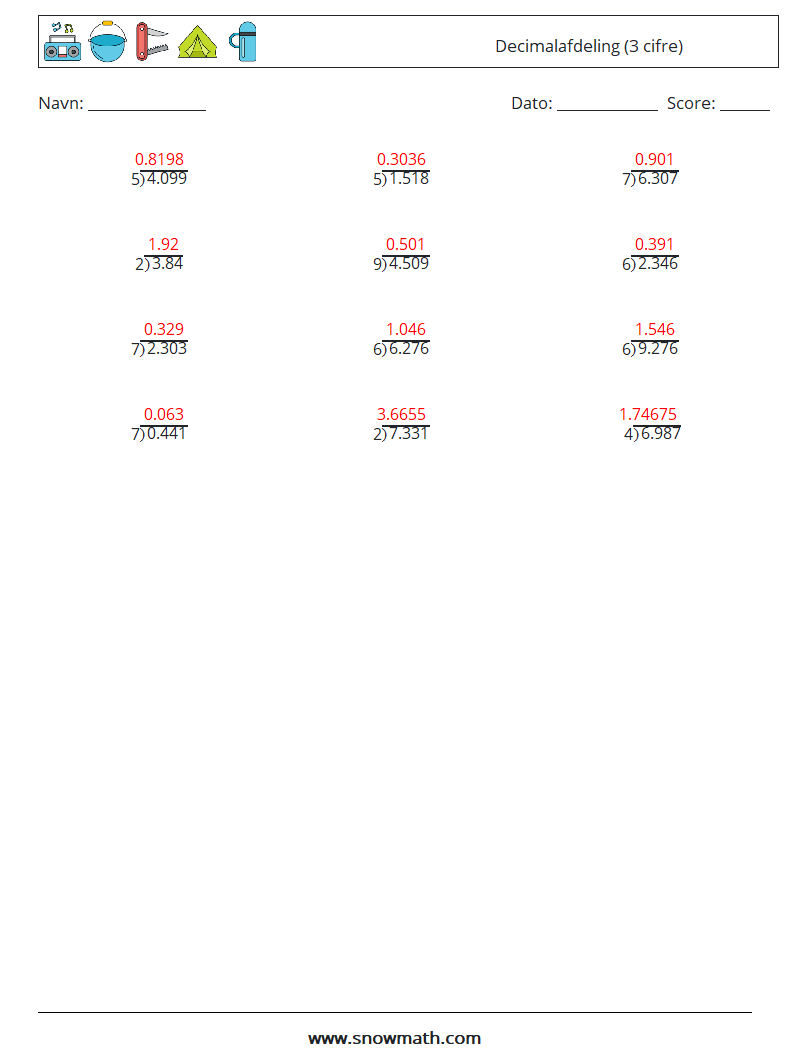 (12) Decimalafdeling (3 cifre) Matematiske regneark 11 Spørgsmål, svar
