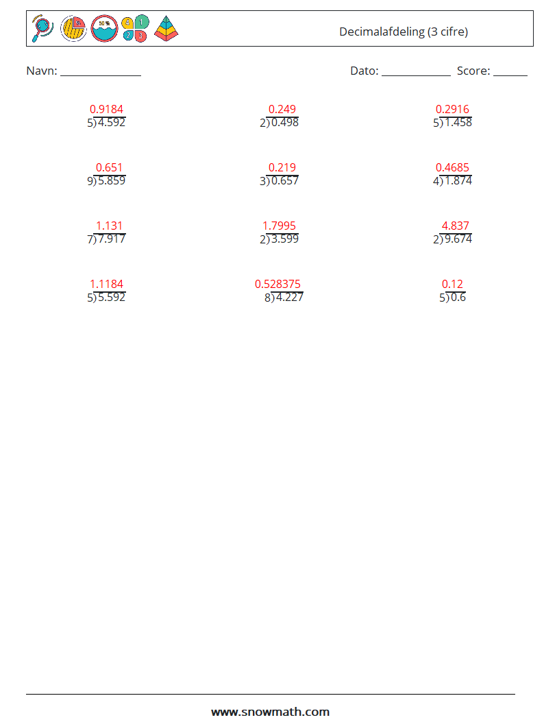 (12) Decimalafdeling (3 cifre) Matematiske regneark 12 Spørgsmål, svar