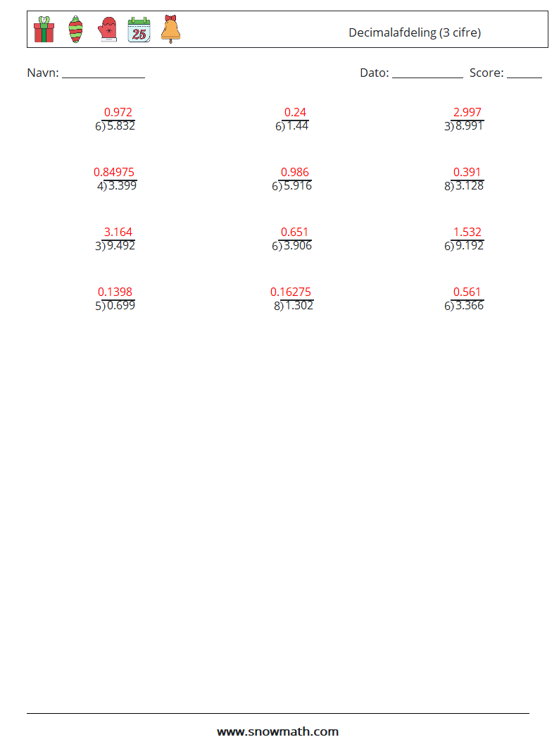 (12) Decimalafdeling (3 cifre) Matematiske regneark 14 Spørgsmål, svar