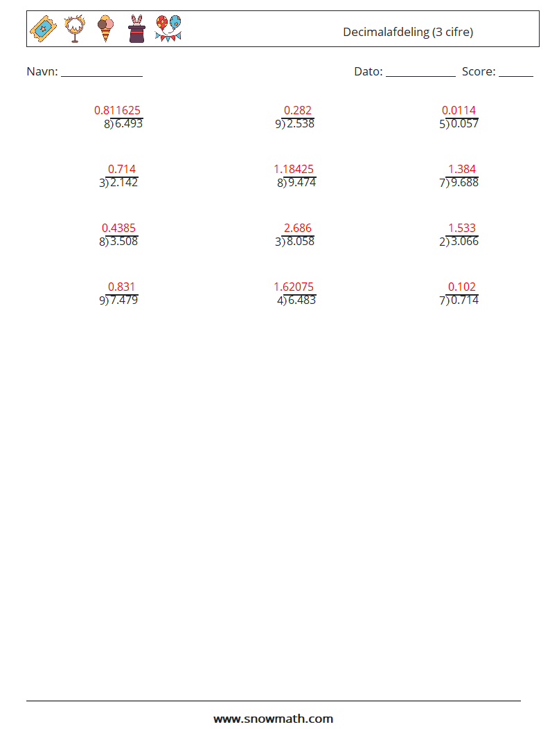 (12) Decimalafdeling (3 cifre) Matematiske regneark 18 Spørgsmål, svar