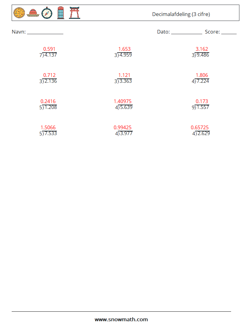 (12) Decimalafdeling (3 cifre) Matematiske regneark 1 Spørgsmål, svar