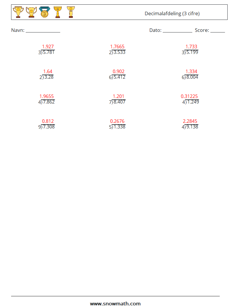 (12) Decimalafdeling (3 cifre) Matematiske regneark 2 Spørgsmål, svar