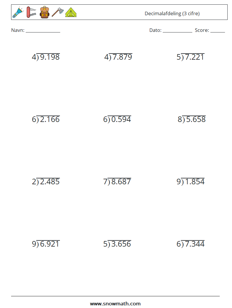 (12) Decimalafdeling (3 cifre) Matematiske regneark 3