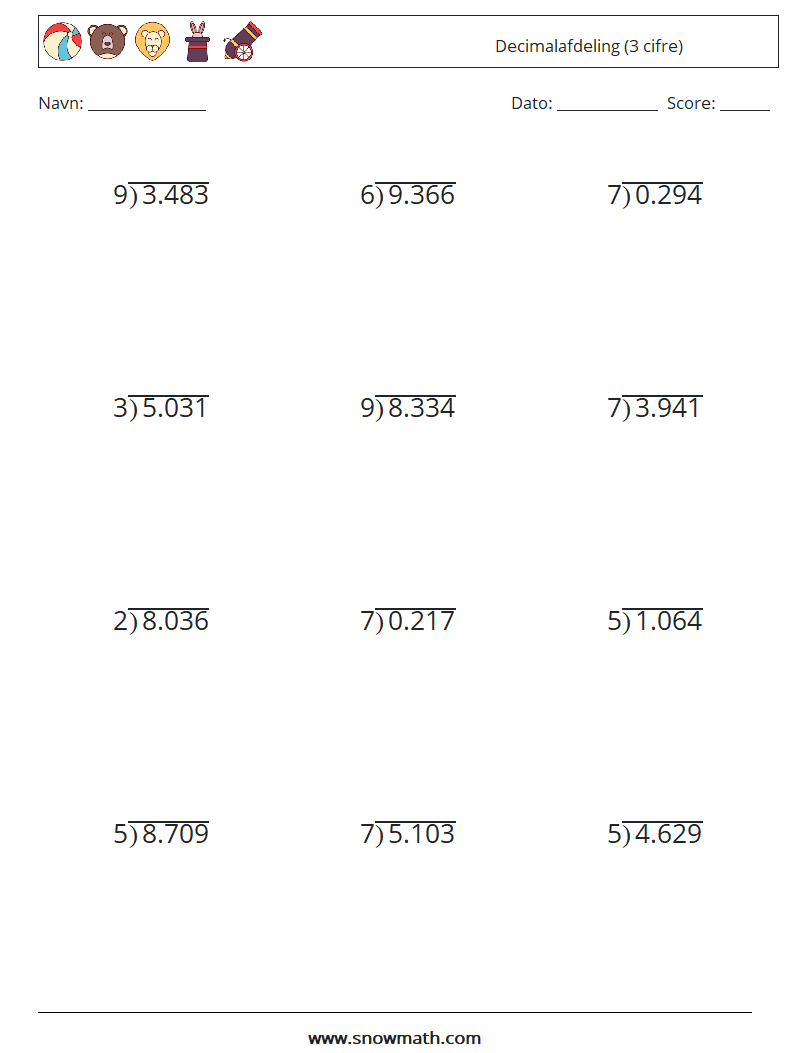 (12) Decimalafdeling (3 cifre) Matematiske regneark 5