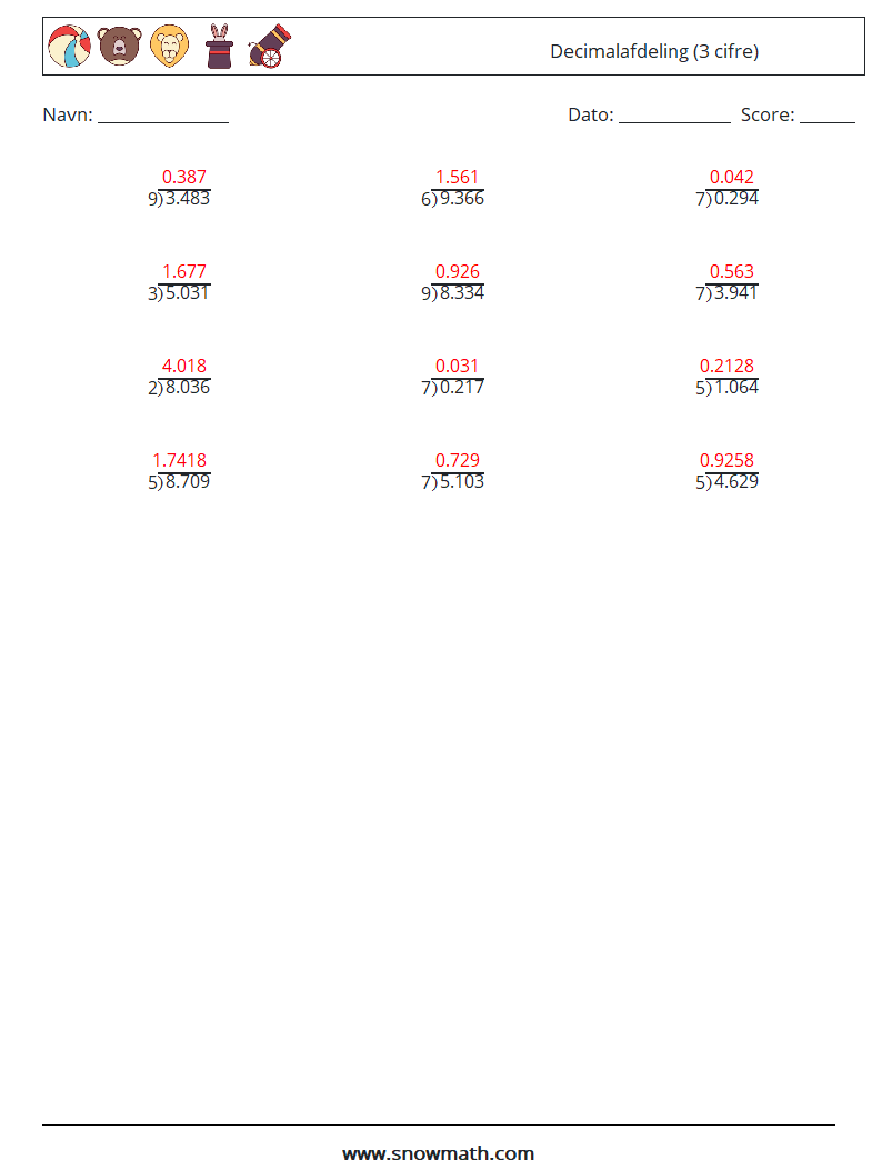 (12) Decimalafdeling (3 cifre) Matematiske regneark 5 Spørgsmål, svar