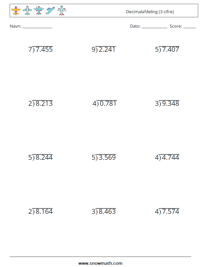 (12) Decimalafdeling (3 cifre) Matematiske regneark 8