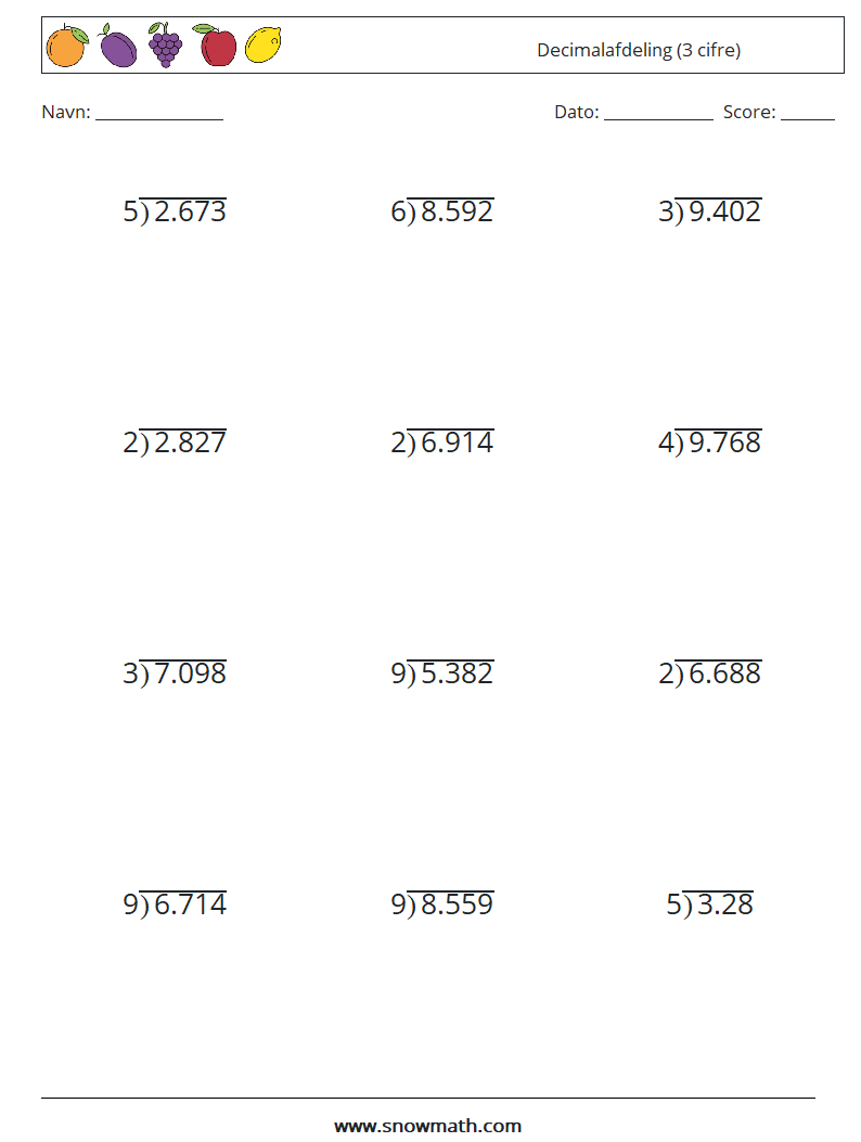 (12) Decimalafdeling (3 cifre) Matematiske regneark 9