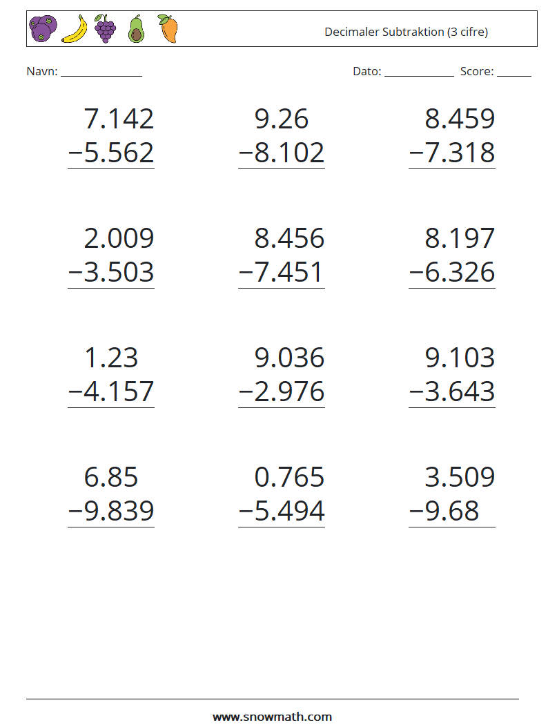 (12) Decimaler Subtraktion (3 cifre) Matematiske regneark 1