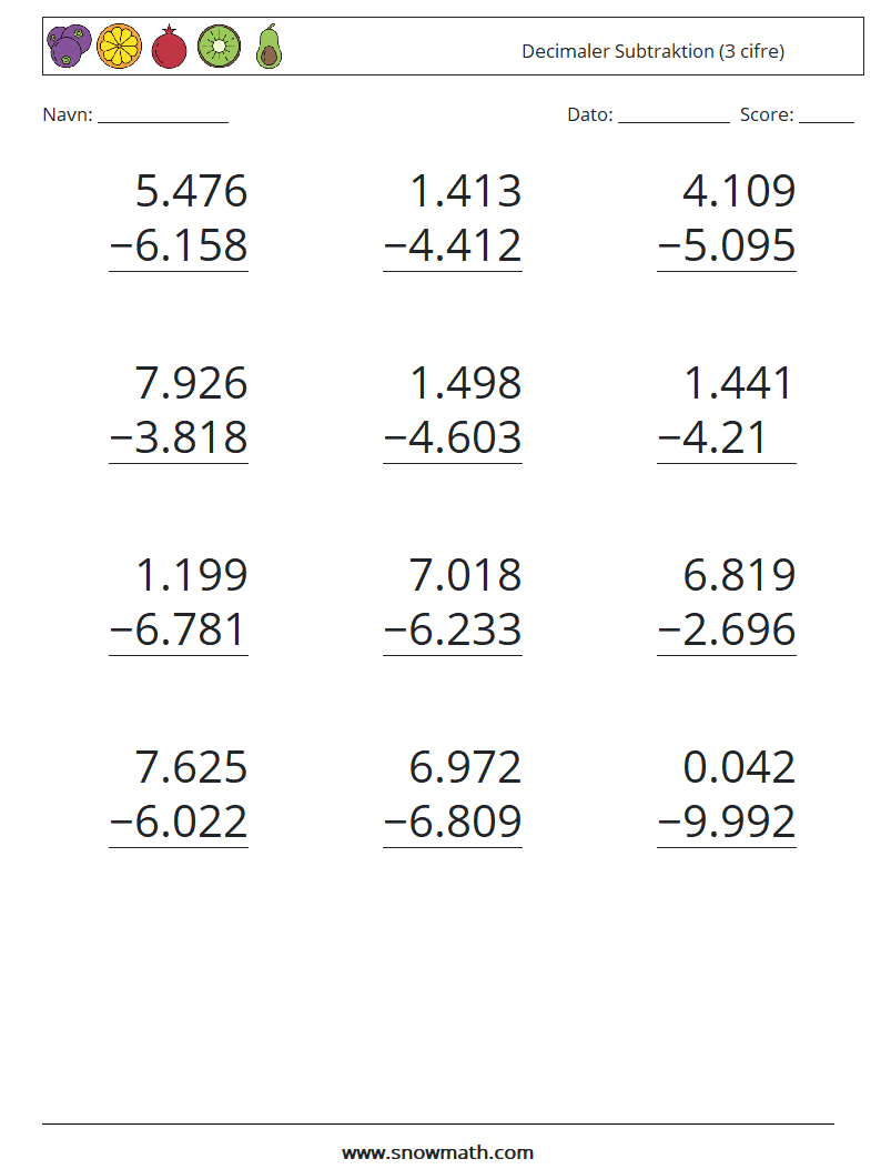 (12) Decimaler Subtraktion (3 cifre) Matematiske regneark 10