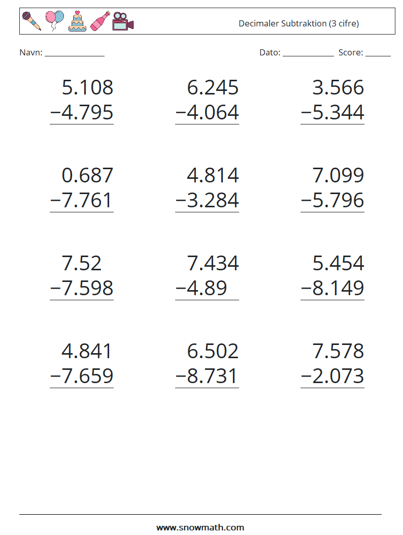 (12) Decimaler Subtraktion (3 cifre) Matematiske regneark 12