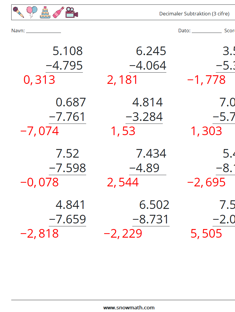 (12) Decimaler Subtraktion (3 cifre) Matematiske regneark 12 Spørgsmål, svar