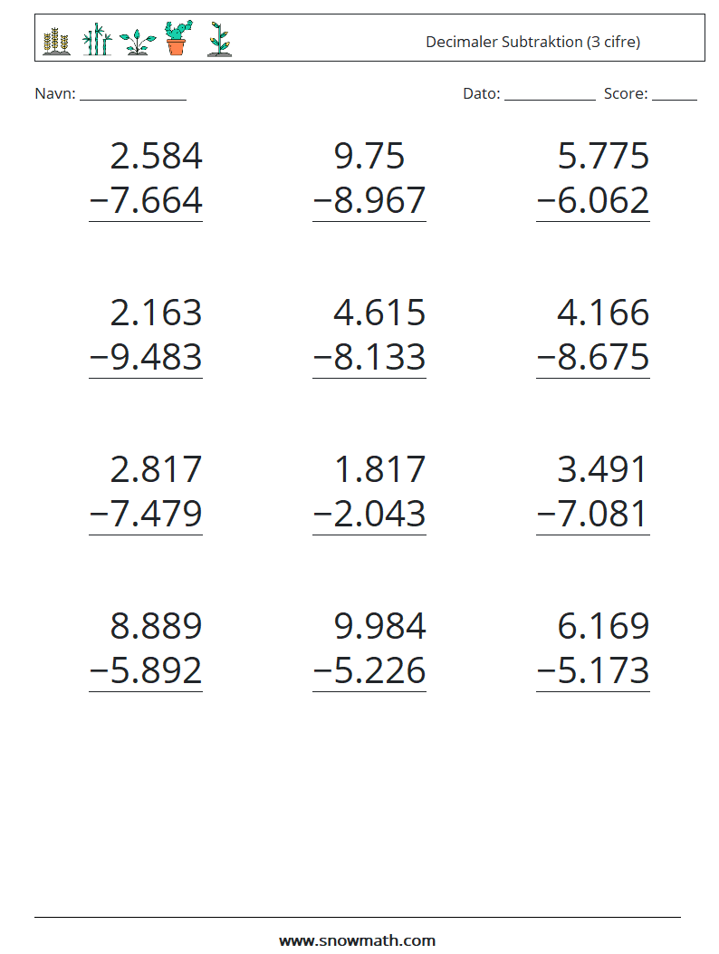 (12) Decimaler Subtraktion (3 cifre) Matematiske regneark 13