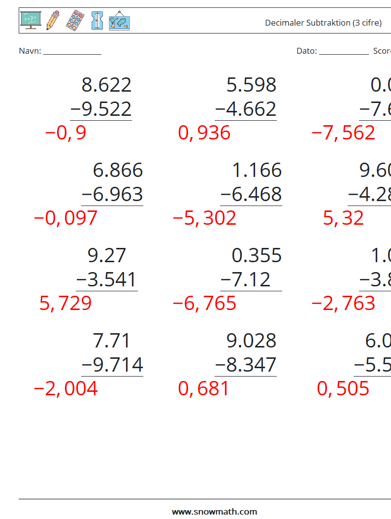 (12) Decimaler Subtraktion (3 cifre) Matematiske regneark 14 Spørgsmål, svar