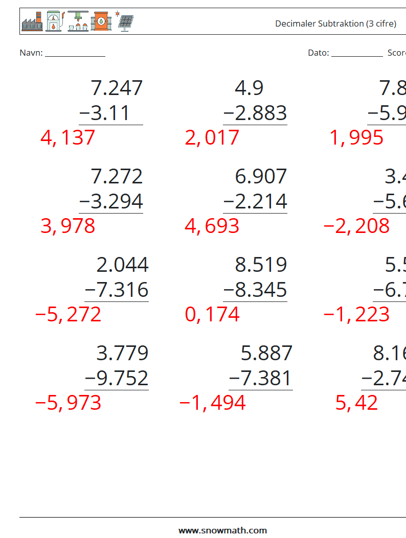 (12) Decimaler Subtraktion (3 cifre) Matematiske regneark 15 Spørgsmål, svar