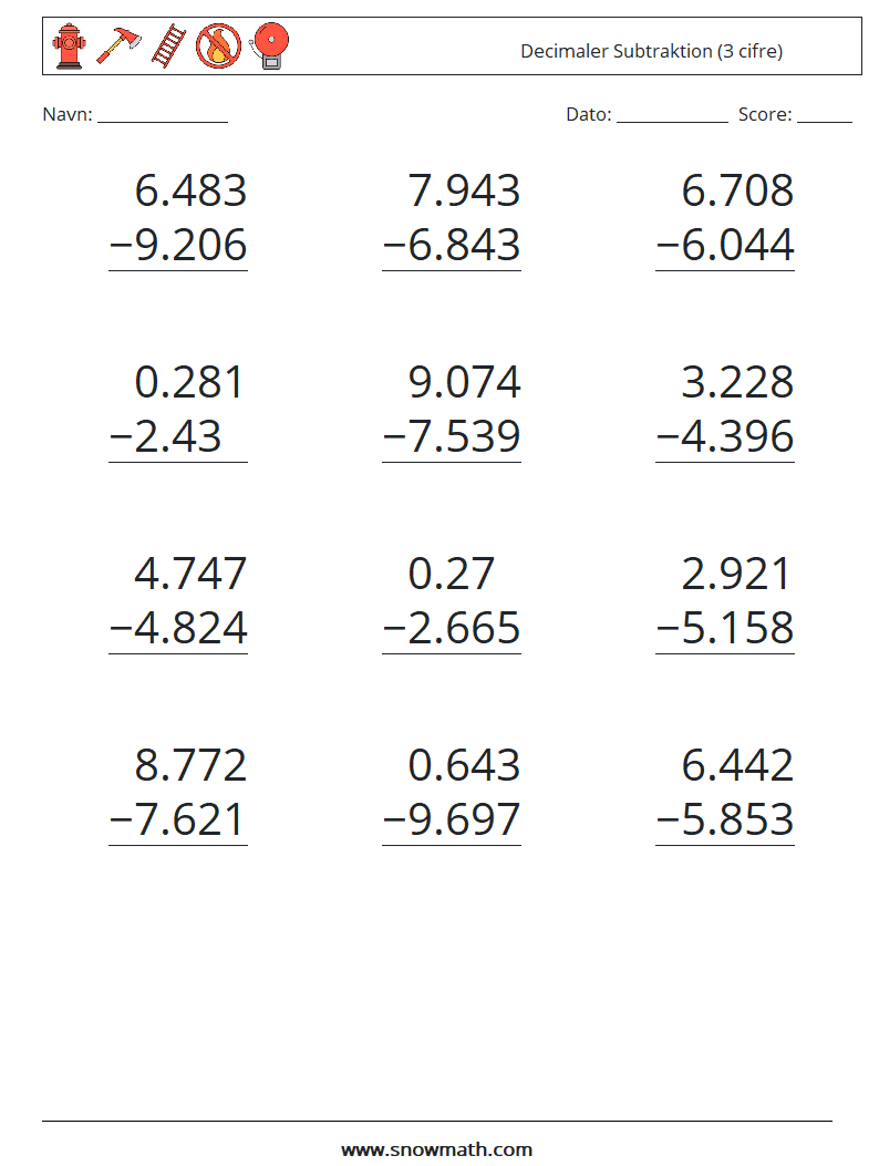 (12) Decimaler Subtraktion (3 cifre) Matematiske regneark 17