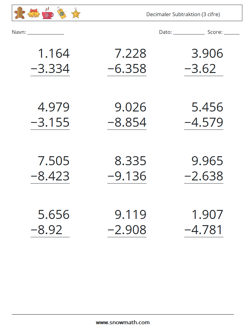 (12) Decimaler Subtraktion (3 cifre) Matematiske regneark 18