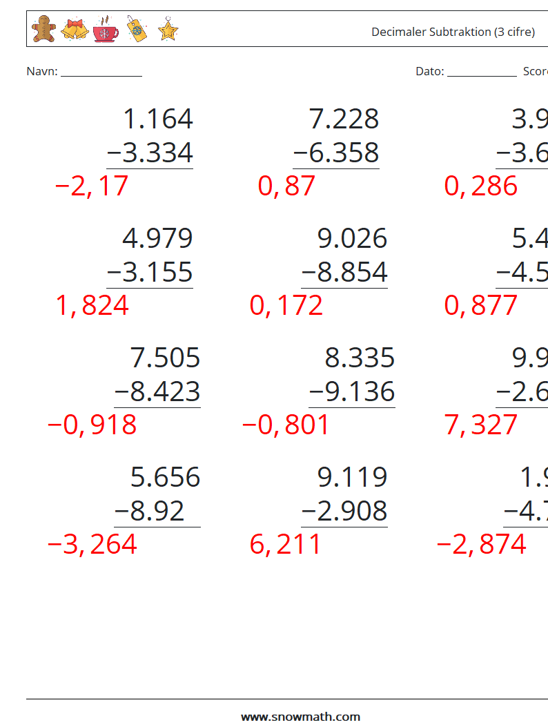 (12) Decimaler Subtraktion (3 cifre) Matematiske regneark 18 Spørgsmål, svar