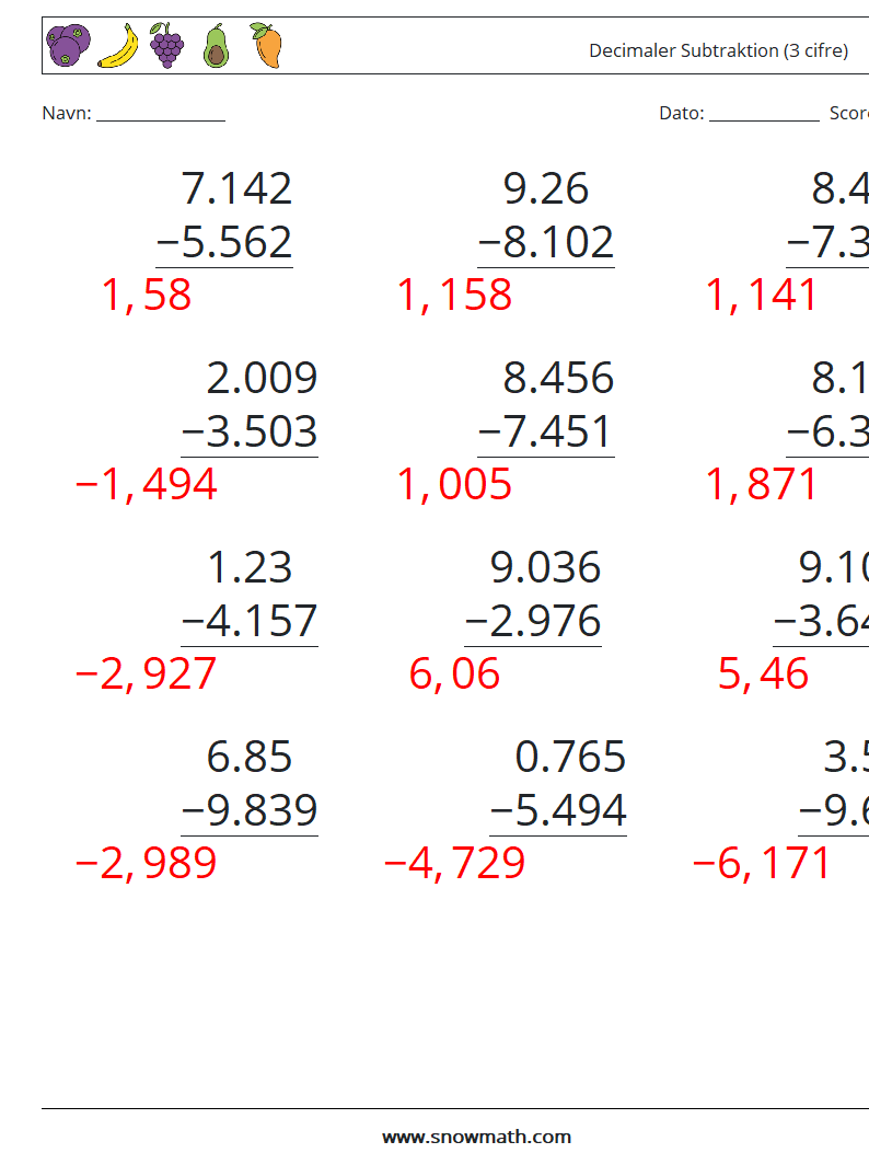 (12) Decimaler Subtraktion (3 cifre) Matematiske regneark 1 Spørgsmål, svar