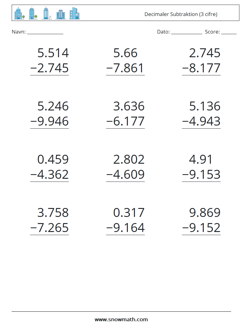 (12) Decimaler Subtraktion (3 cifre) Matematiske regneark 2