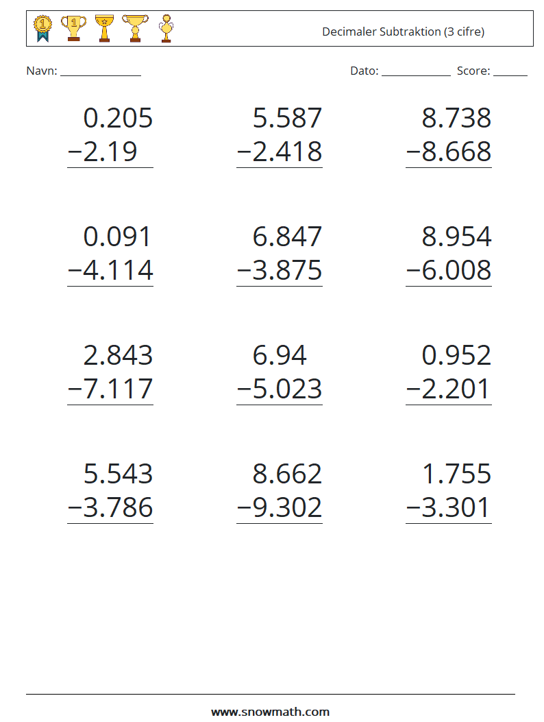 (12) Decimaler Subtraktion (3 cifre) Matematiske regneark 3