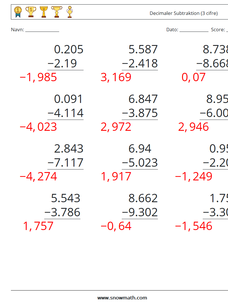 (12) Decimaler Subtraktion (3 cifre) Matematiske regneark 3 Spørgsmål, svar