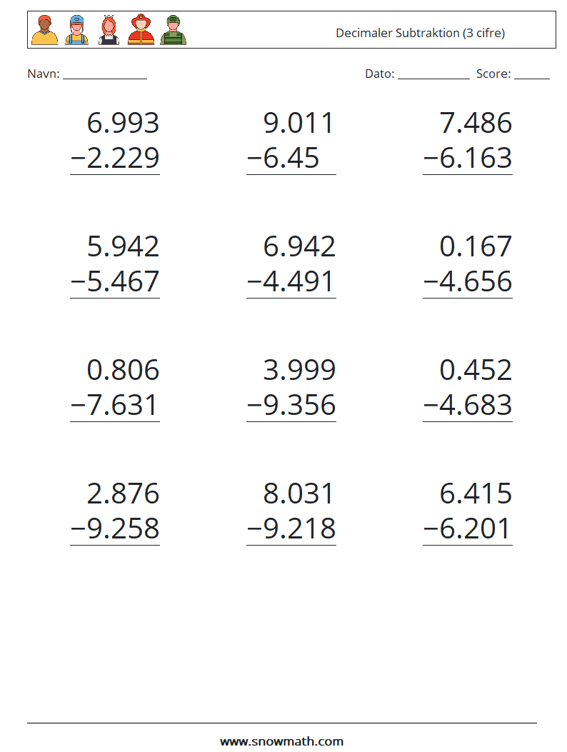 (12) Decimaler Subtraktion (3 cifre) Matematiske regneark 4