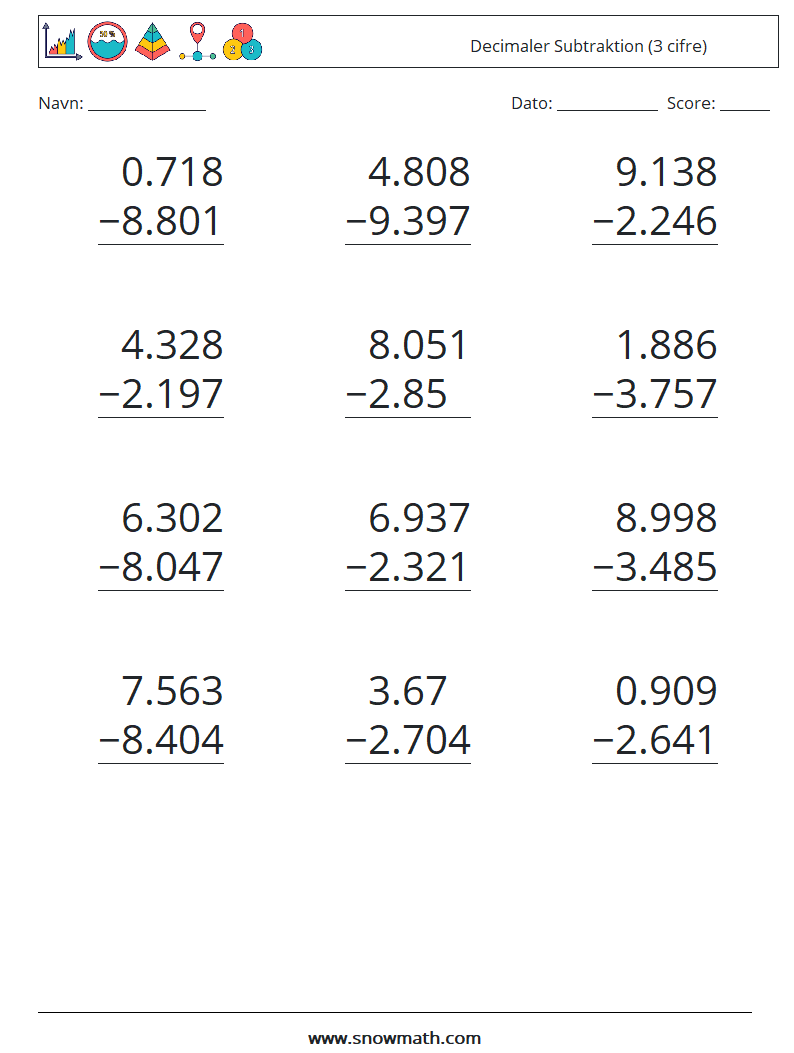 (12) Decimaler Subtraktion (3 cifre) Matematiske regneark 5