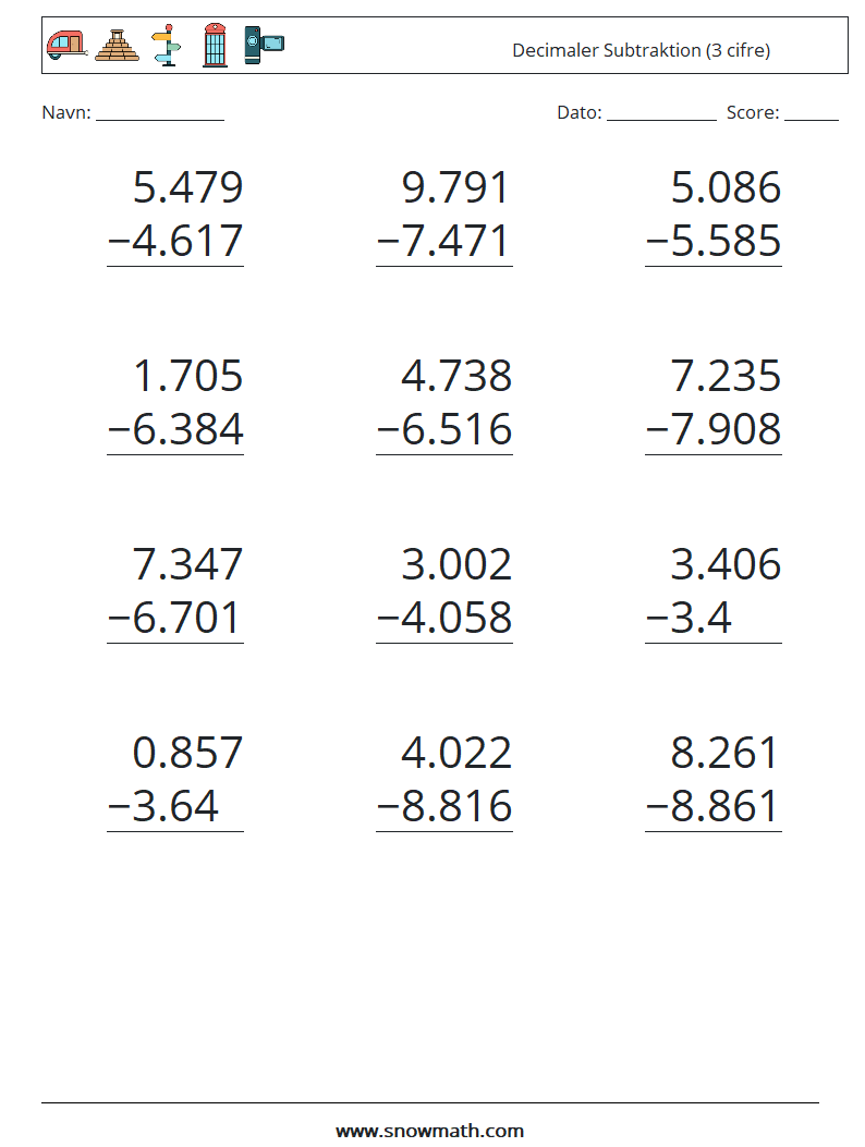 (12) Decimaler Subtraktion (3 cifre) Matematiske regneark 6