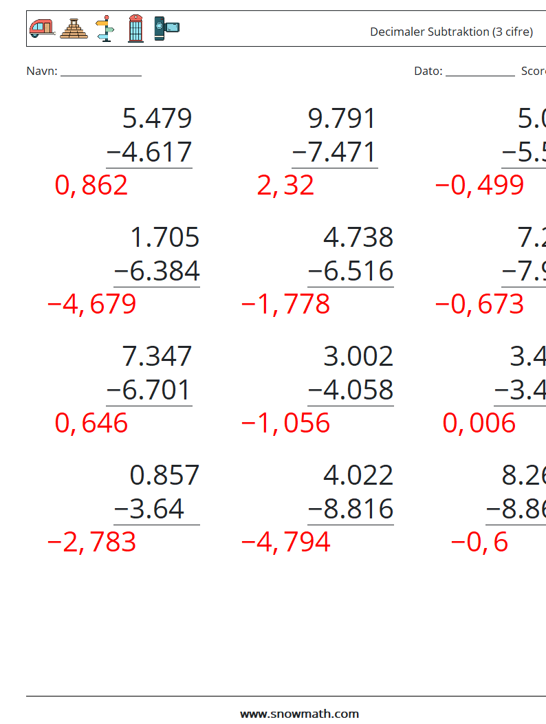 (12) Decimaler Subtraktion (3 cifre) Matematiske regneark 6 Spørgsmål, svar