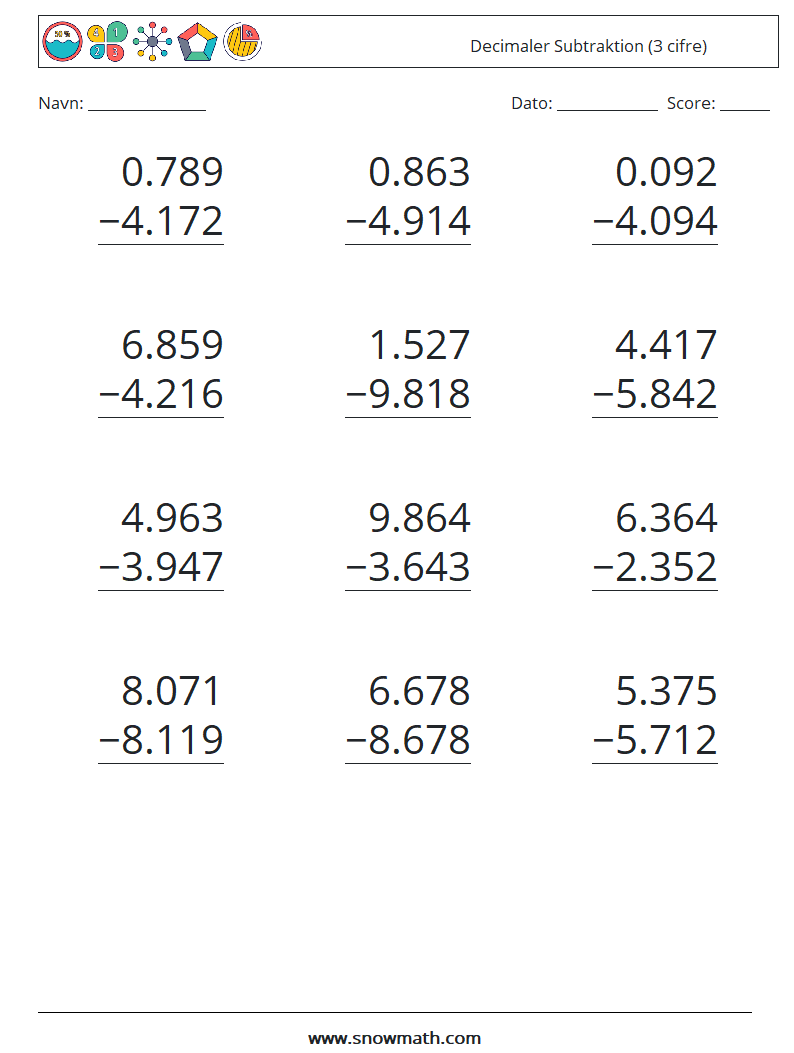 (12) Decimaler Subtraktion (3 cifre) Matematiske regneark 7