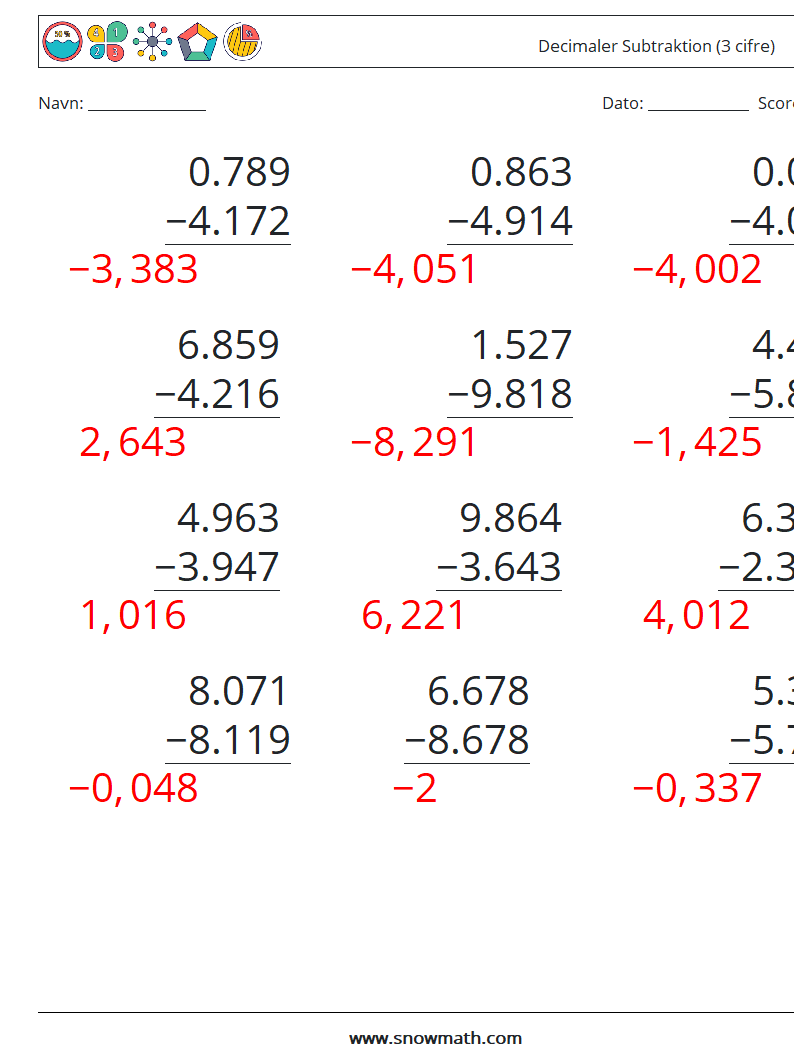 (12) Decimaler Subtraktion (3 cifre) Matematiske regneark 7 Spørgsmål, svar