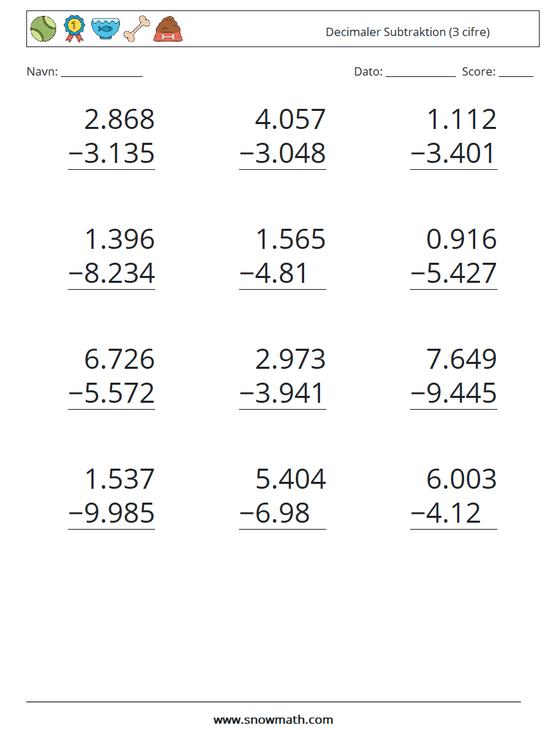 (12) Decimaler Subtraktion (3 cifre) Matematiske regneark 8