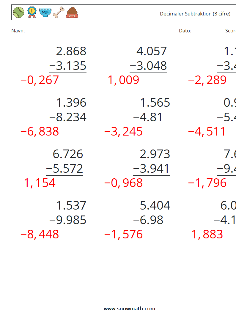 (12) Decimaler Subtraktion (3 cifre) Matematiske regneark 8 Spørgsmål, svar