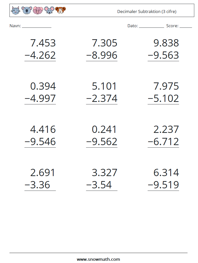 (12) Decimaler Subtraktion (3 cifre) Matematiske regneark 9