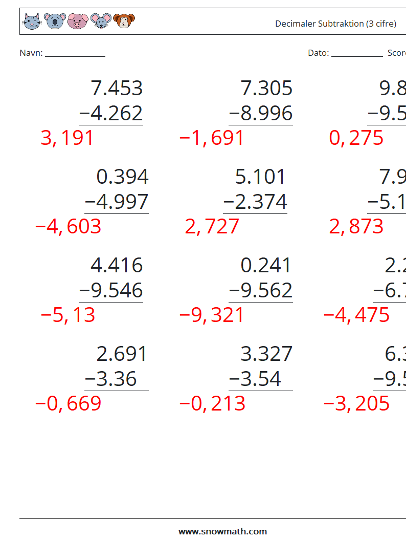 (12) Decimaler Subtraktion (3 cifre) Matematiske regneark 9 Spørgsmål, svar