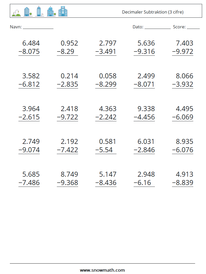 (25) Decimaler Subtraktion (3 cifre) Matematiske regneark 1
