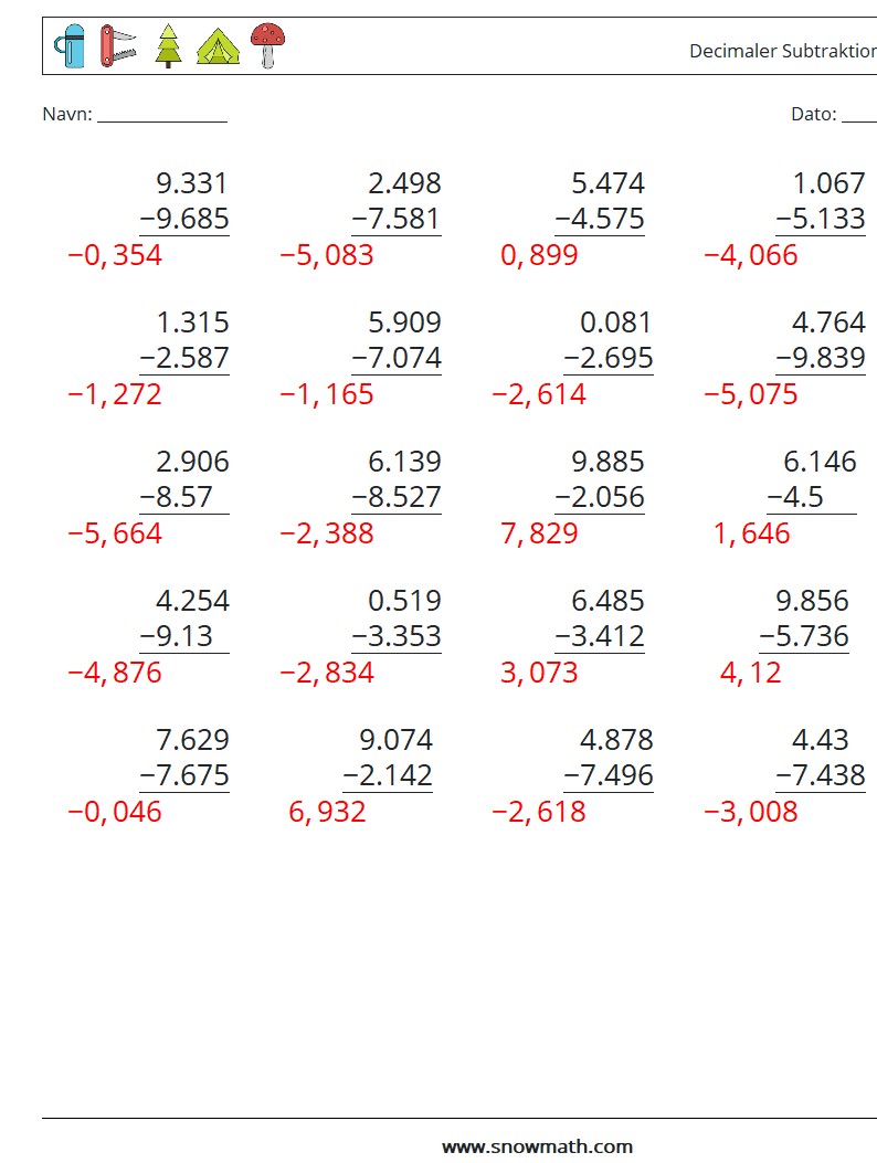 (25) Decimaler Subtraktion (3 cifre) Matematiske regneark 12 Spørgsmål, svar