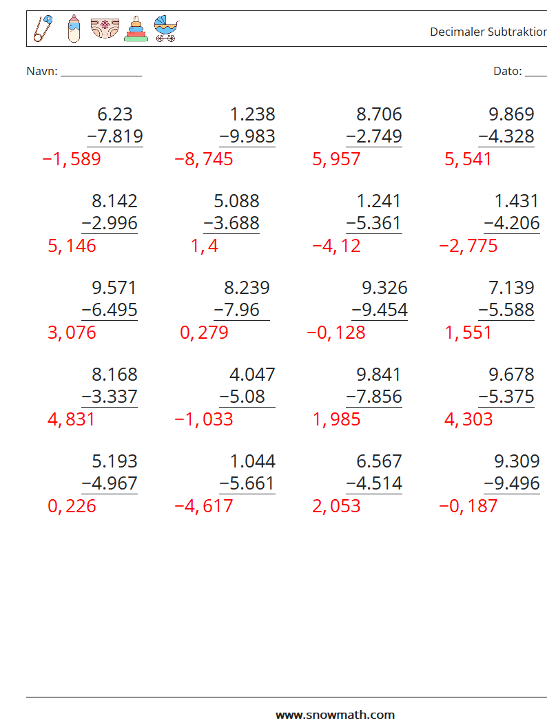 (25) Decimaler Subtraktion (3 cifre) Matematiske regneark 14 Spørgsmål, svar